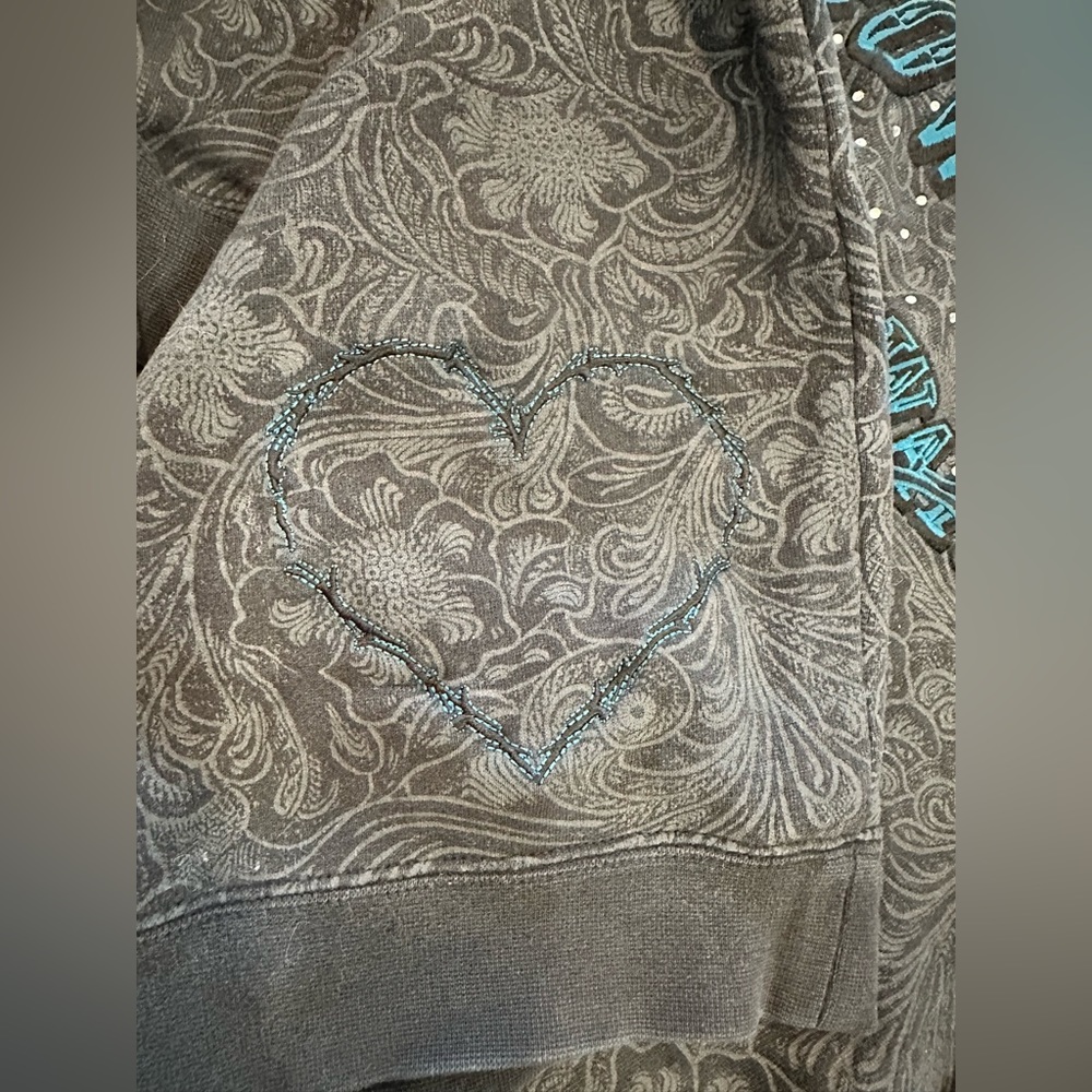 Cowgirl Hardware Black Grey Paisley Hoodie Blue Logo Rhinestones Bling Heart M - Picture 11 of 15